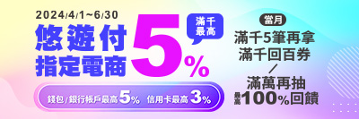 悠遊付｜4/1~6/30大加碼使用悠遊付消費購物，滿千最高回饋5%